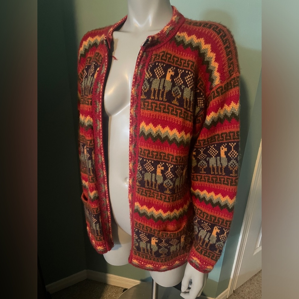 Alpaca Wool Women’s Multicolor Patterned Sweater- Handmade Ladies Large